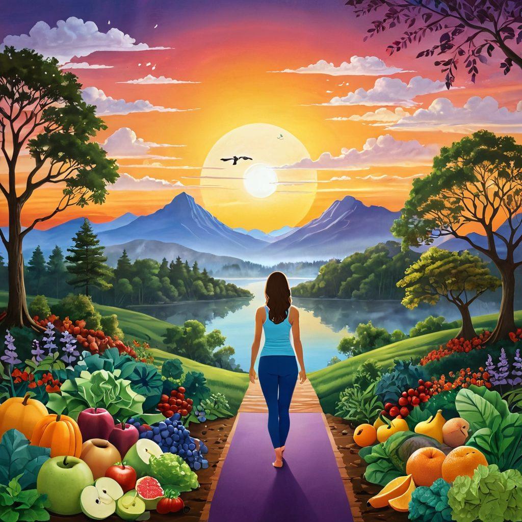 A serene landscape depicting a journey from darkness to light, illustrating a person transitioning from a state of illness to vibrant health. Include symbols of preventive care like fruits, vegetables, and exercise equipment intertwined with wellness elements like yoga poses and serene nature scenes. The background should feature a sunrise representing hope and new beginnings. The overall atmosphere should evoke feelings of peace and encouragement. super-realistic. vibrant colors. nature-inspired.