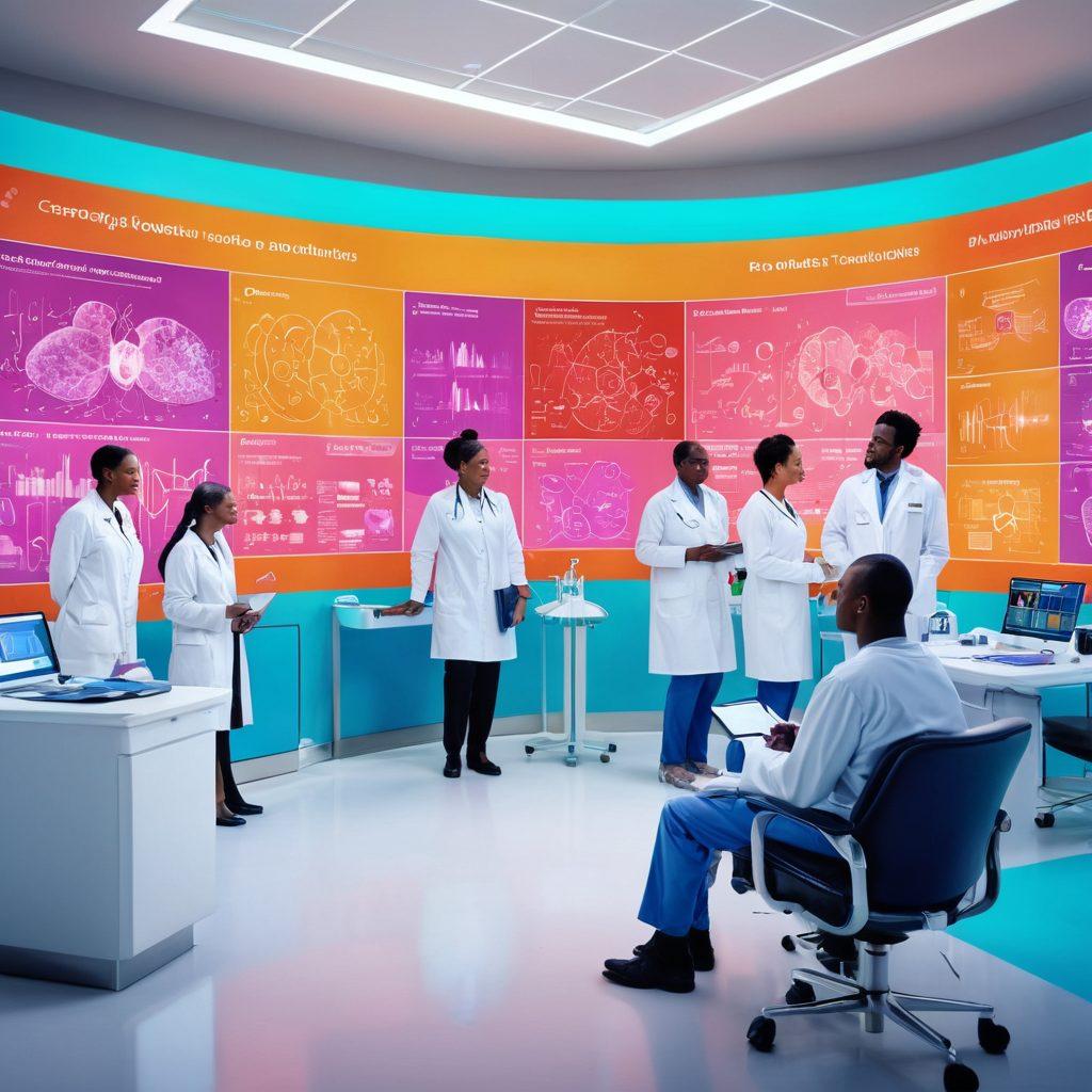 A diverse group of patients and healthcare professionals collaborating in a modern, brightly lit oncology clinic, surrounded by colorful charts showcasing the latest cancer treatment breakthroughs. Include visuals of advanced medical technology and a sense of hope and empowerment in their expressions. The background should be filled with symbols of innovation in cancer research. vibrant colors. super-realistic.