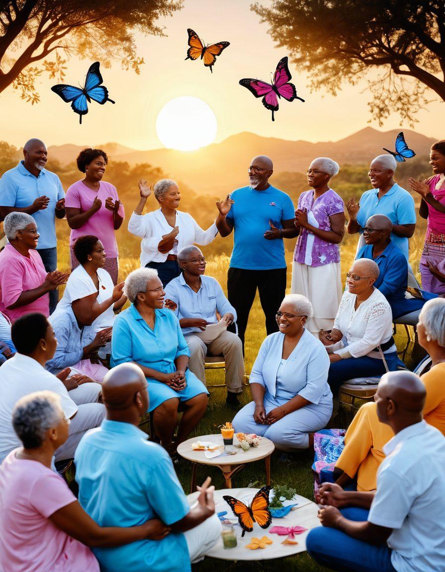 A collage of diverse cancer survivors sharing their stories in an outdoor support group setting, with uplifting expressions and supportive gestures. Include symbolic elements like butterflies representing transformation and ribbons representing awareness, set against a warm, inviting sunset backdrop. The scene radiates hope, resilience, and community spirit. vibrant colors. super-realistic.